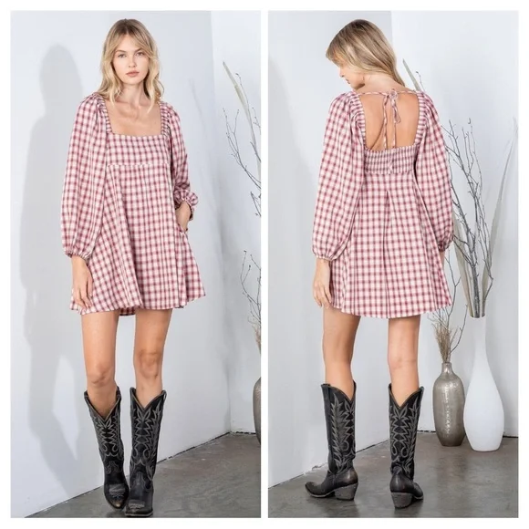 REVEROF Plaid Babydoll Dress With Smocking Back Detail,NWT - Picture 3 of 11
